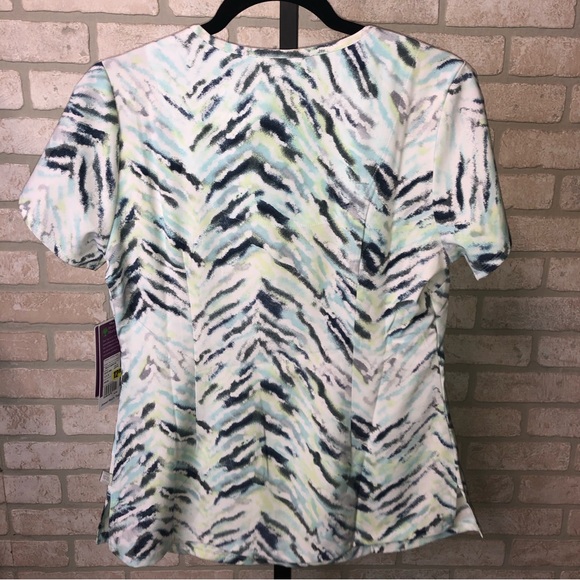 Healing Hands two button Jewel Neck blue and green patterned Scrub top - Picture 6 of 8